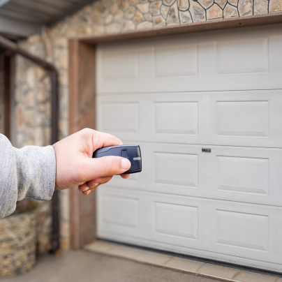 Asheville security key fob pointing to a garage door