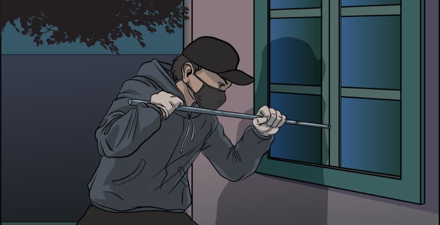 Illustration of burglar forcing entry through a window in Asheville